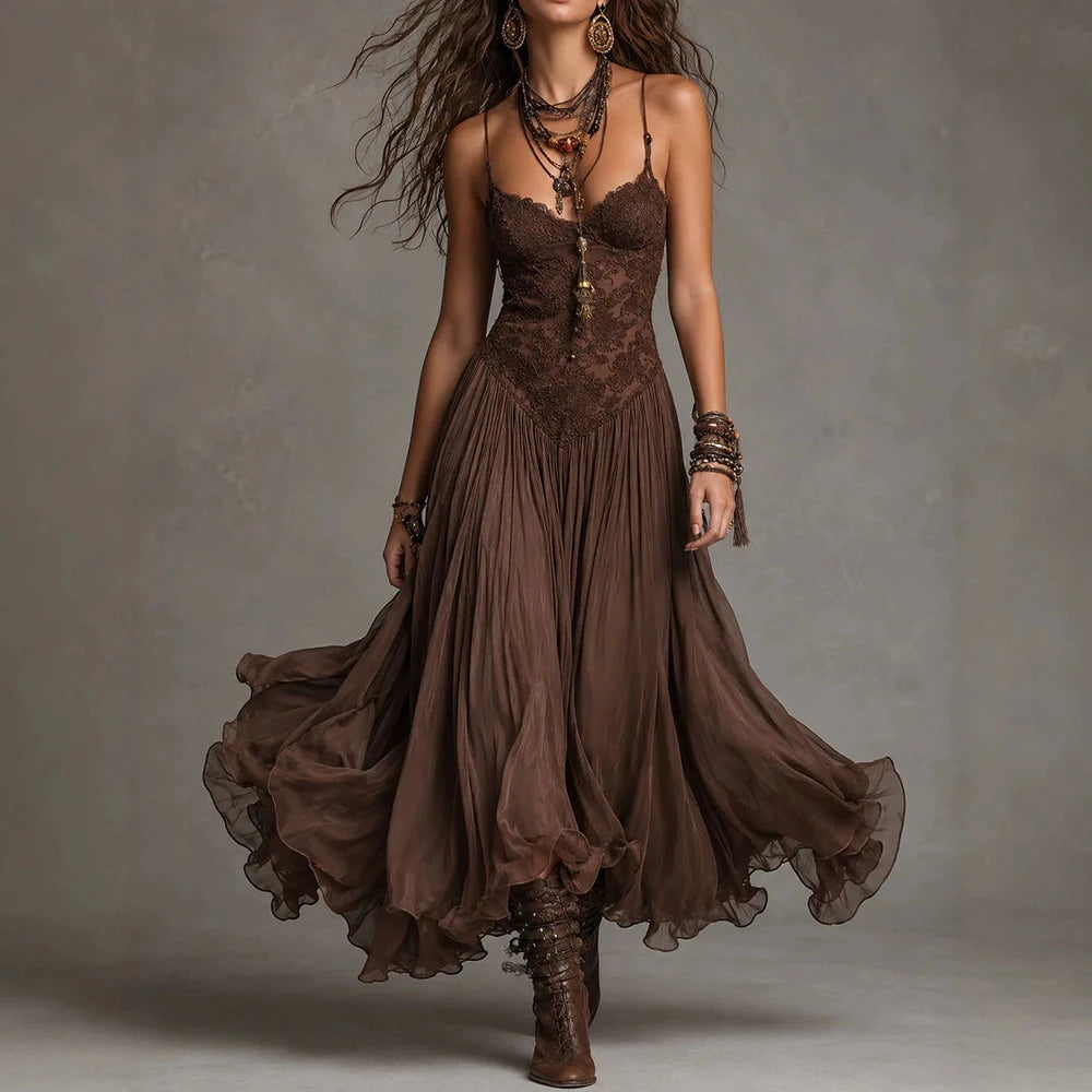 Women‘s Spaghetti Strap Lace Midi Boho Dress