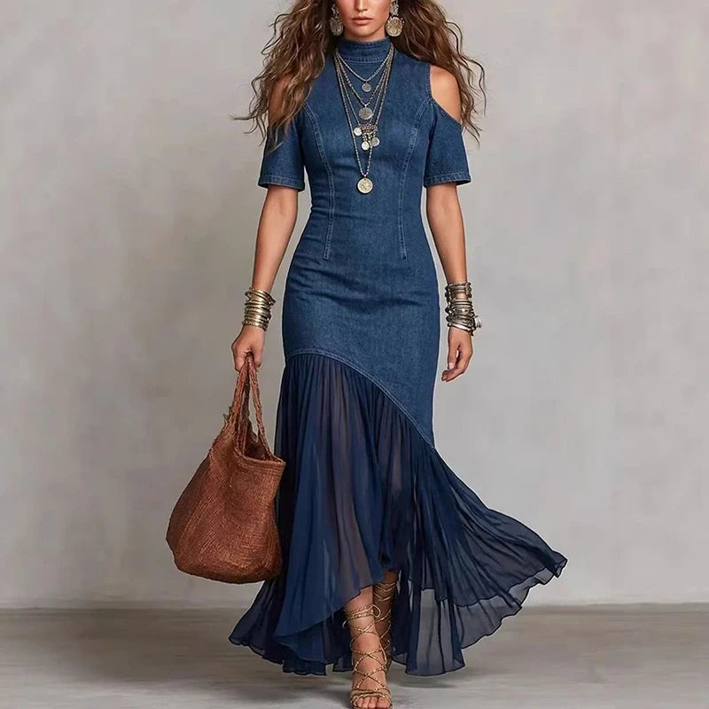 Denim-Look Cold-Shoulder Maxi Dress with Sheer Hem