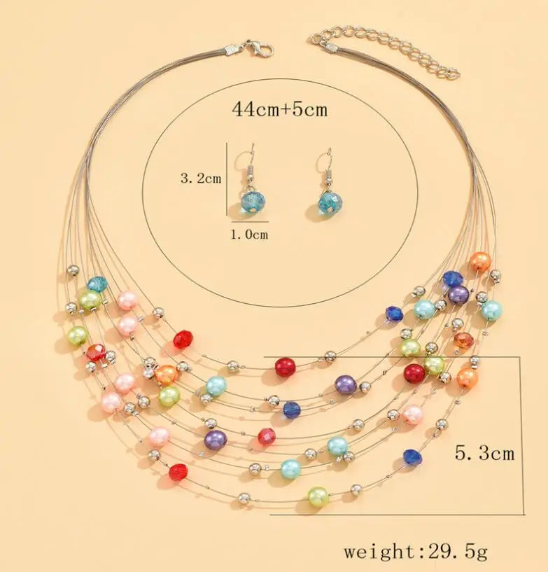 Ethnic Boho Multilayer Colorful Pearl Beads Necklace & Earrings Set