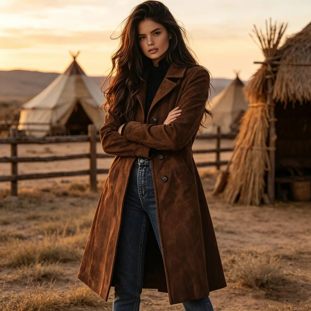 Brown Faux-Suede Longline Trench Coat