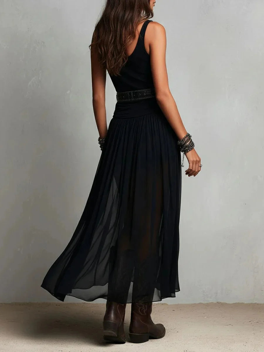 Black Sleeveless Maxi Dress with Sheer Mesh Skirt