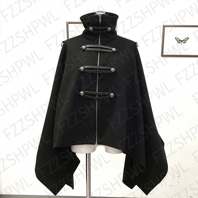 Black Military-Inspired Cape Jacket with Stand Collar