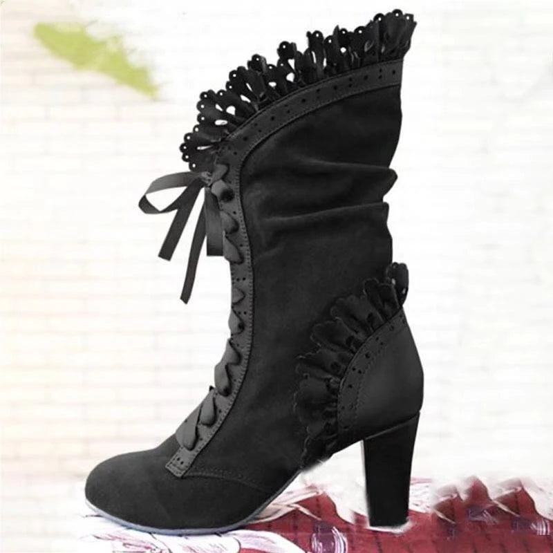 Women’s Victorian Lace-Up Mid-Calf Boots – Retro High Heel Gothic Booties