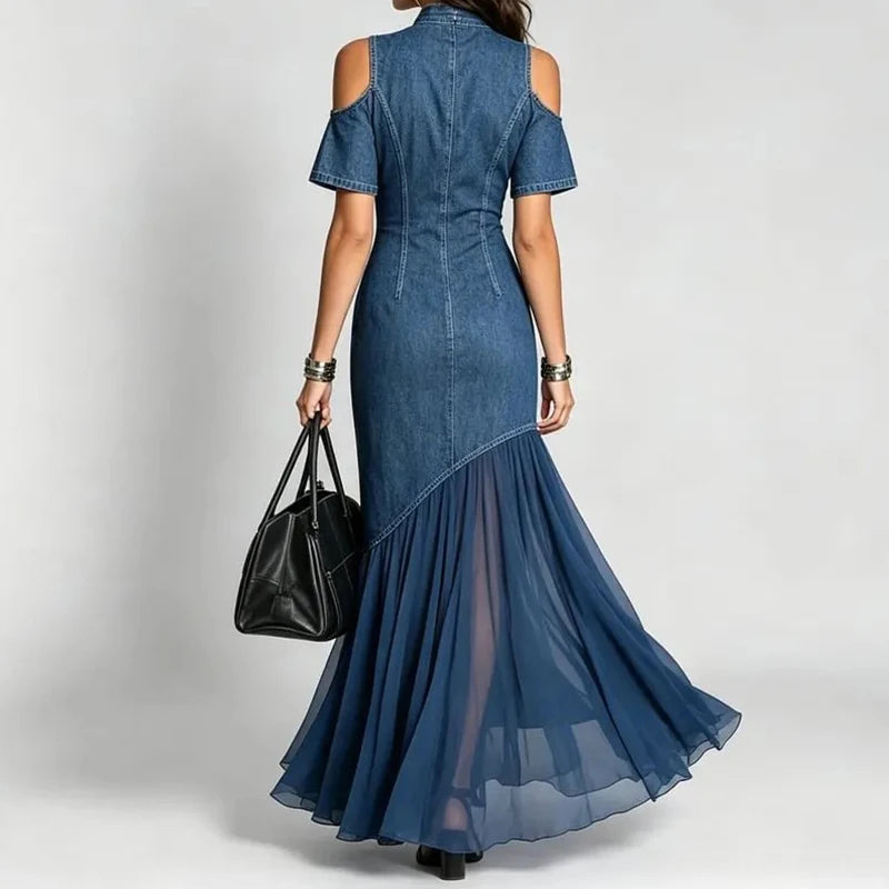 Denim-Look Cold-Shoulder Maxi Dress with Sheer Hem