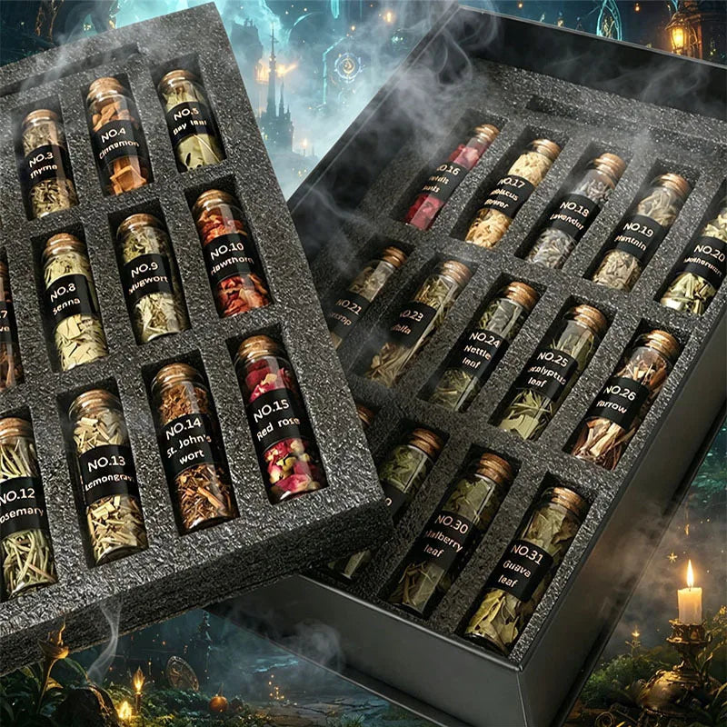 Witchcraft Herb Kit – 31 Dried Herbs in Glass Bottles with Black & Gold Altar Box