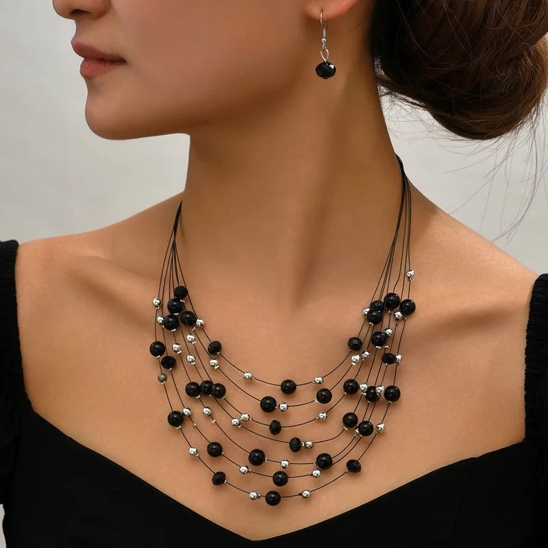 Ethnic Boho Multilayer Colorful Pearl Beads Necklace & Earrings Set