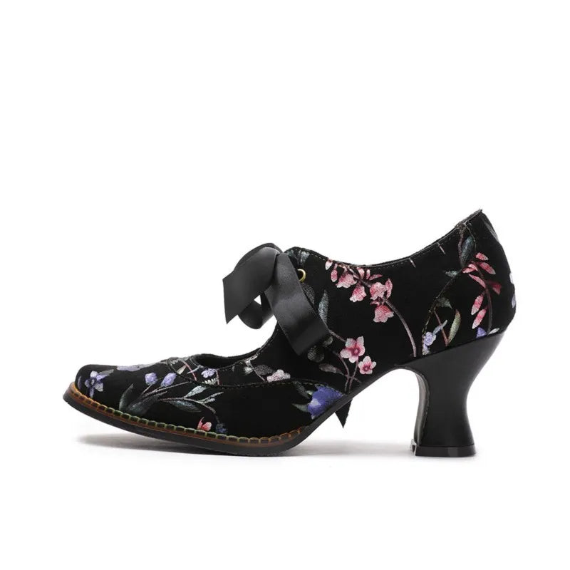 Johnature Women Shoes Pumps Retro 2025 New Spring Round Toe Handmade Ladies Lace Up Sweet Print High Heels Shoes