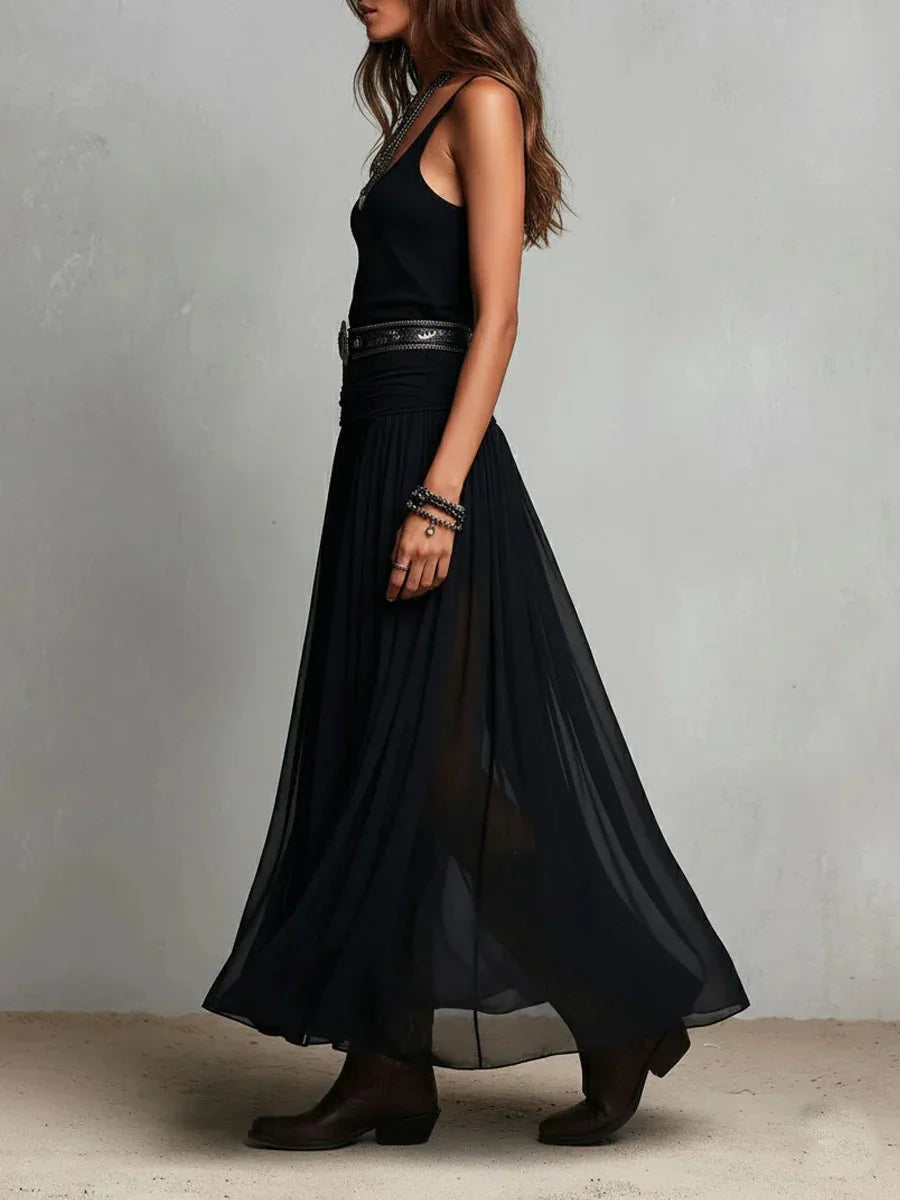 Black Sleeveless Maxi Dress with Sheer Mesh Skirt