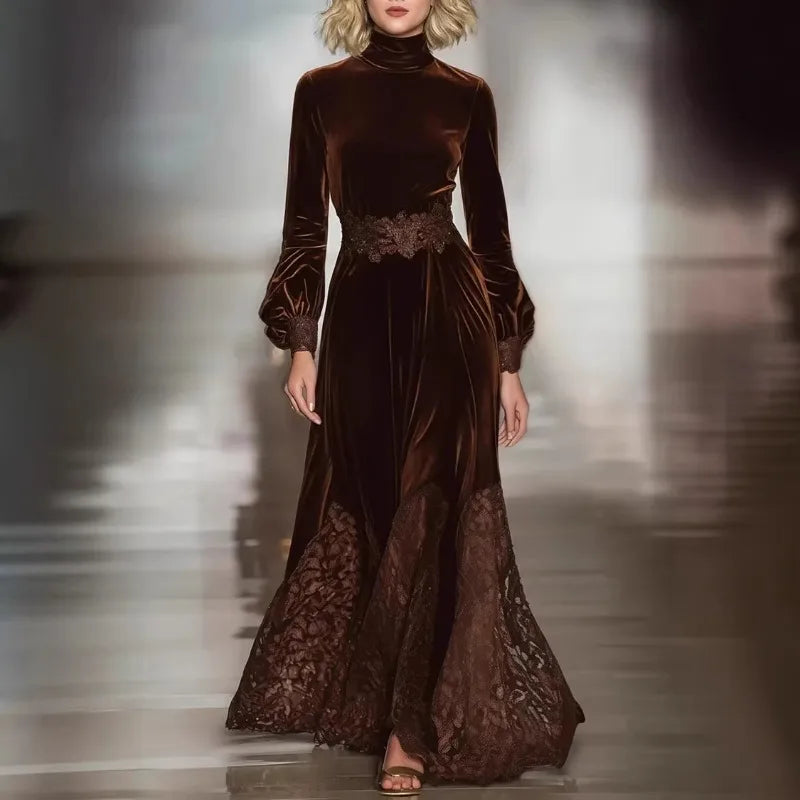High-Neck Lace Maxi Dress with Long Sleeves