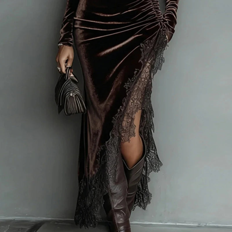 Velvet Long-Sleeve Maxi Dress with Lace Slit