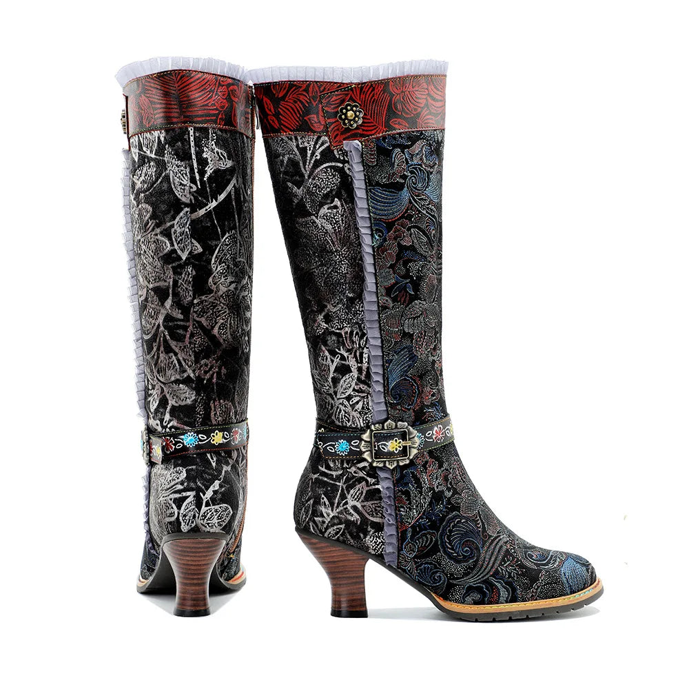 Johnature 2025 Winter New Hand Painted Genuine Leather Patchwork Vintage Court Style Lace Trimmed High Heeled Long Boots