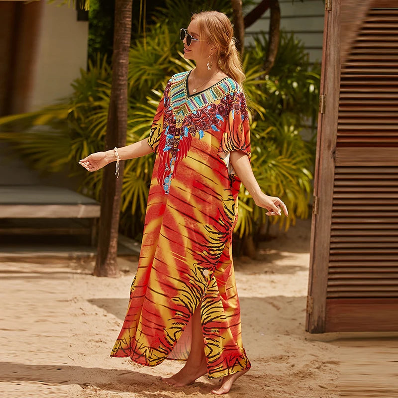 Hippy Boho Kaftan Collection Rayon Maxi Dress & Beach Cover-Up