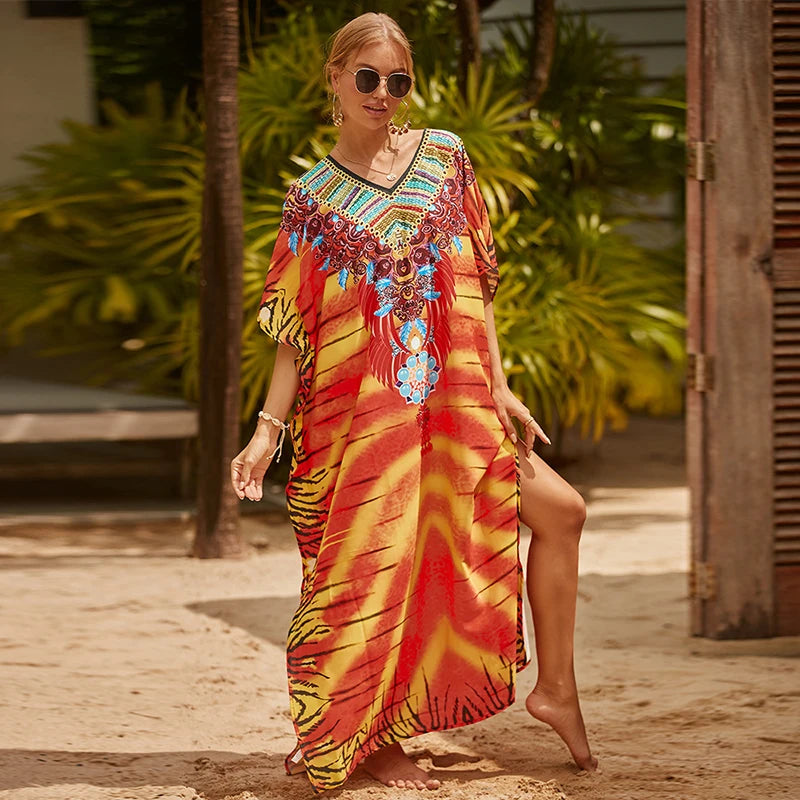 Hippy Boho Kaftan Collection Rayon Maxi Dress & Beach Cover-Up