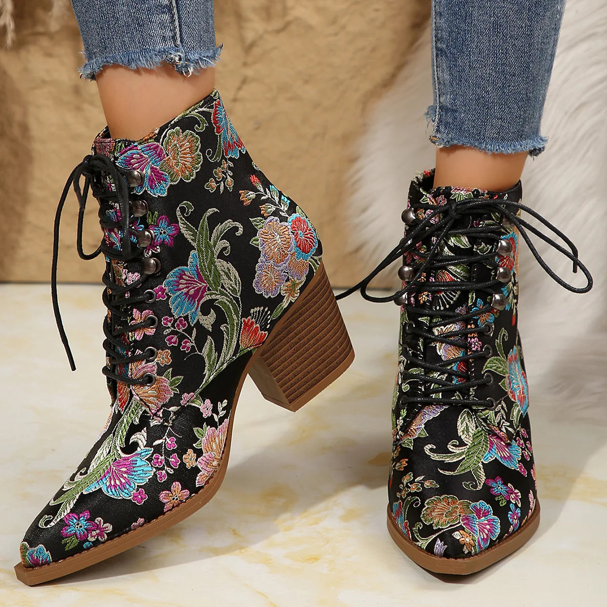 Ethnic Embroidered Pointed-Toe Ankle Boots