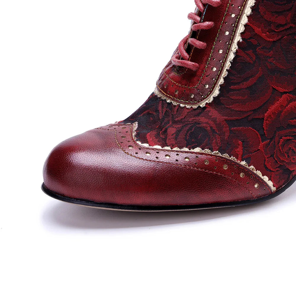 Johnature Witchy Women's Red Pumps, Handmade Genuine Leather Patchwork High Heels