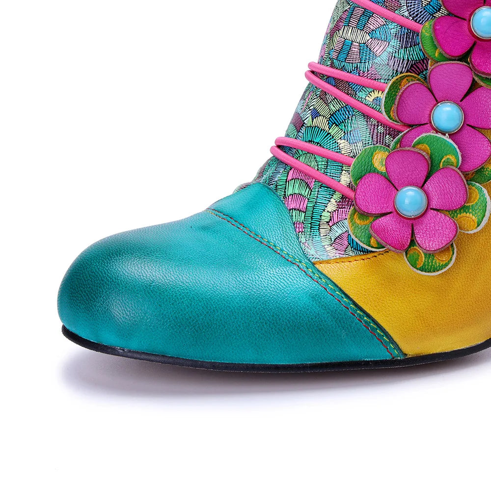 Johnature 2025 Autumn/Winter New Retro Printed High Heels Genuine Leather Pumps