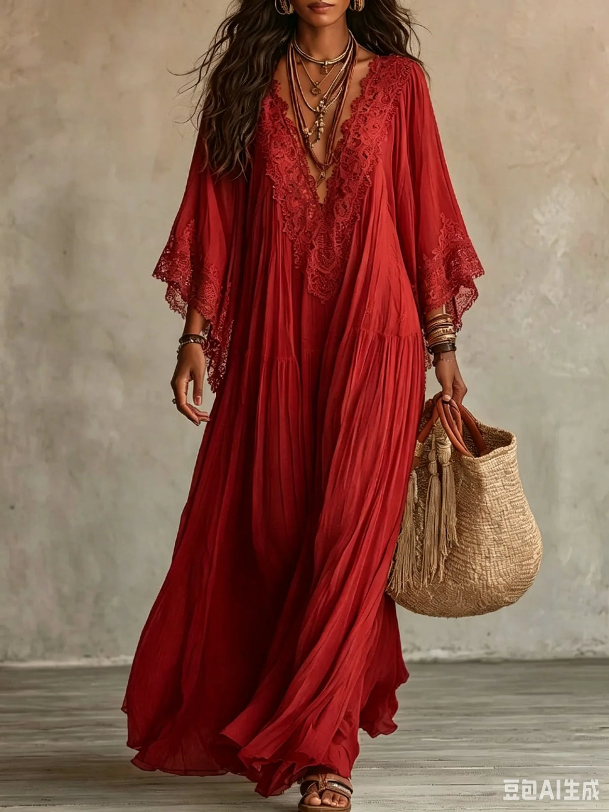 White Lace V-neck Long Dress, Bat Sleeve Vacation Beach Dress, Fairy Pleated and Elegant Seaside Lazy Dress Vestidos Y2K
