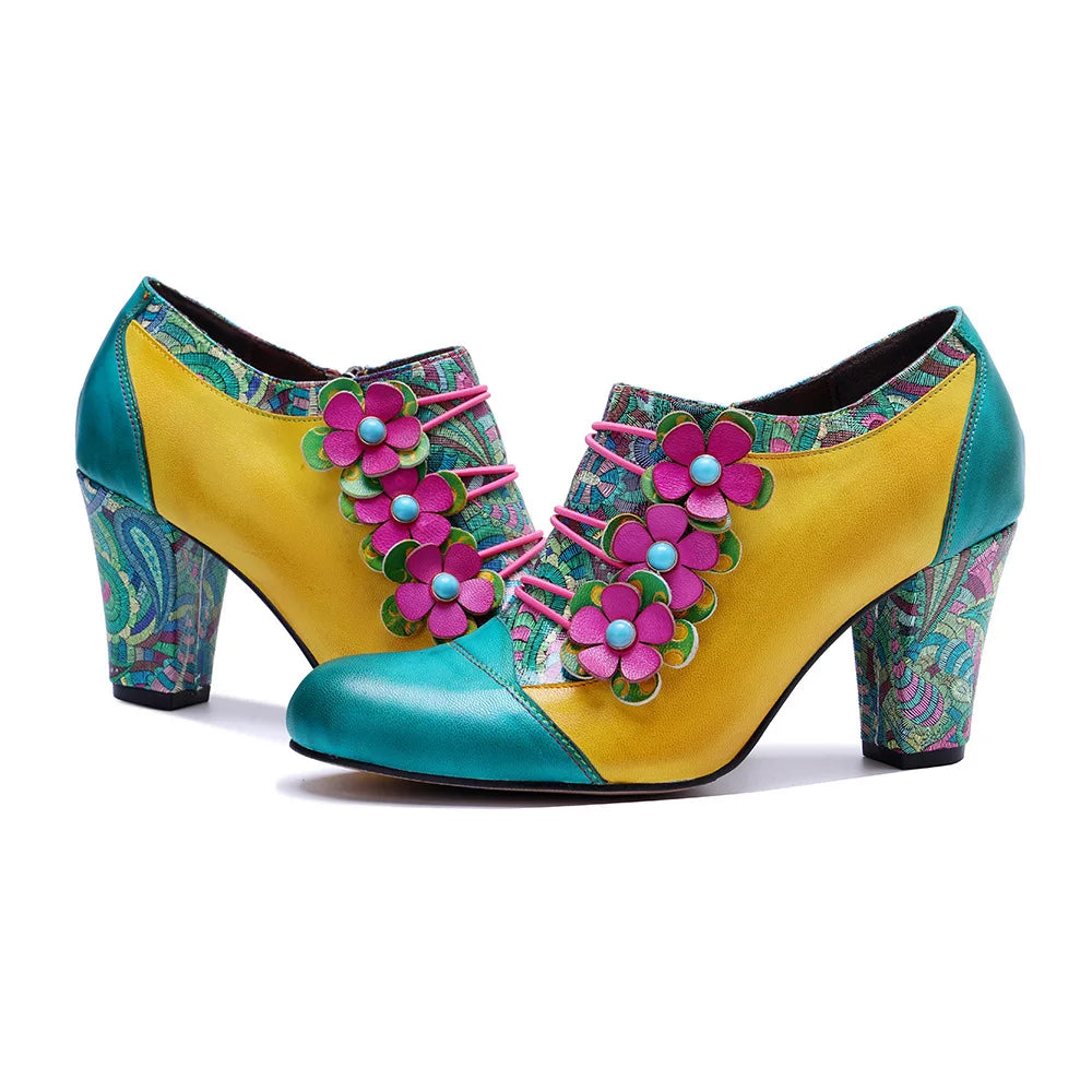 Johnature 2025 Autumn/Winter New Retro Printed High Heels Genuine Leather Pumps
