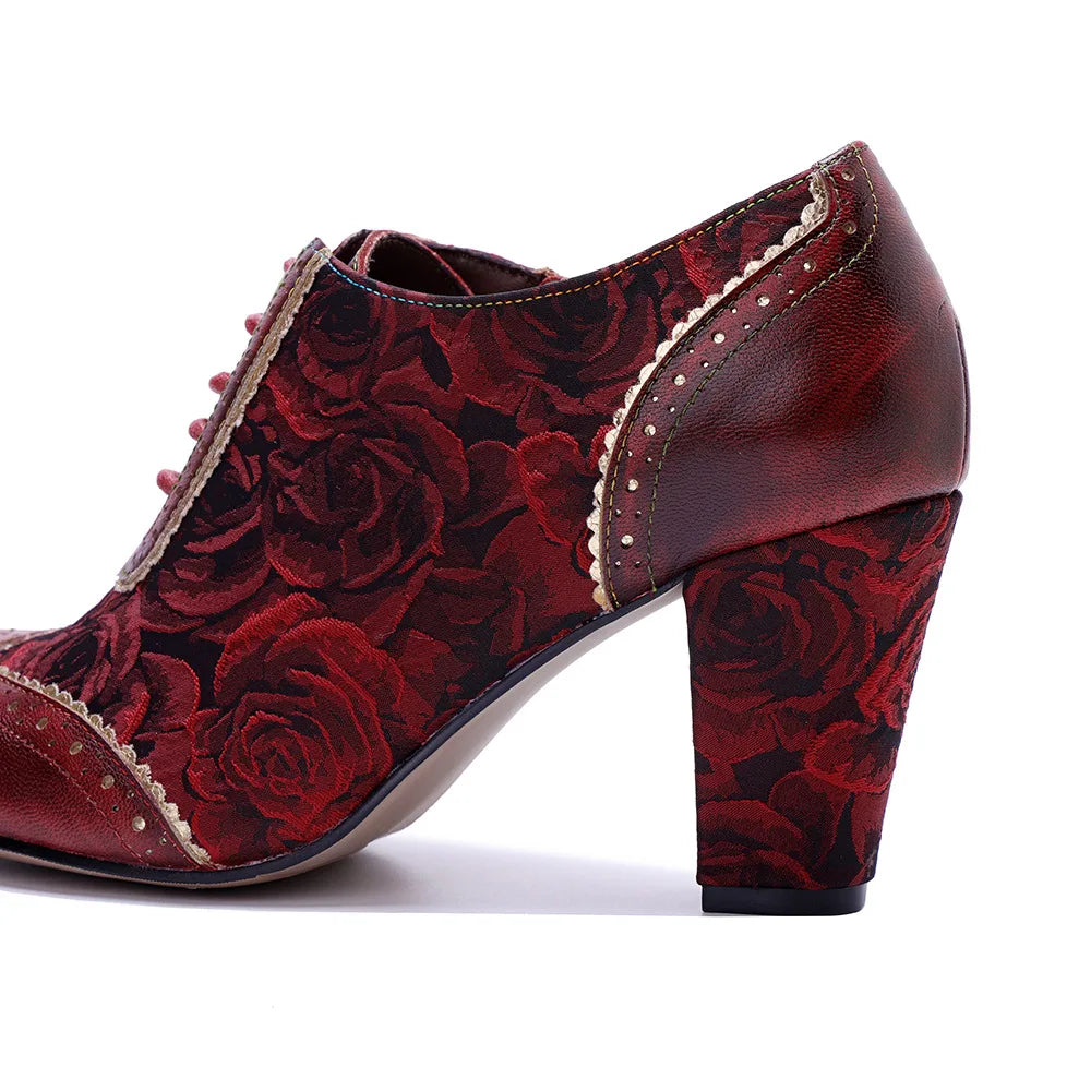 Johnature Witchy Women's Red Pumps, Handmade Genuine Leather Patchwork High Heels
