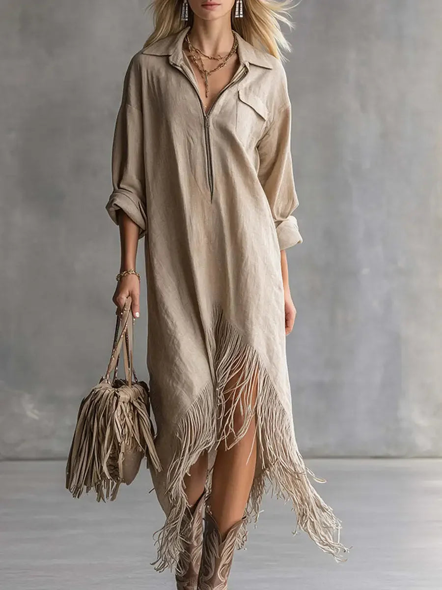 Fringe-Hem Half-Zip Shirt Dress