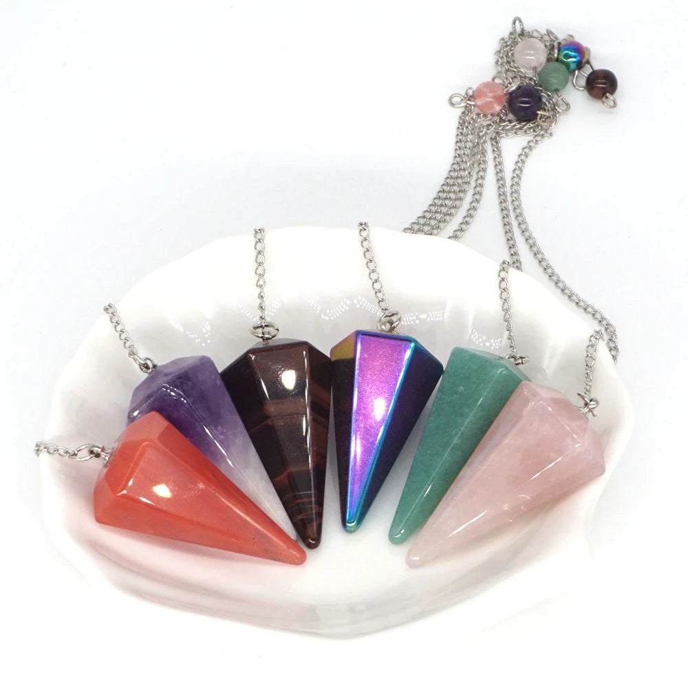 Pyramid Pendulum Natural Gemstone Chain Chakra Amulet Pendant Jewelry Reiki Healing Crystal Witchcraft Supplies Decor Ornaments