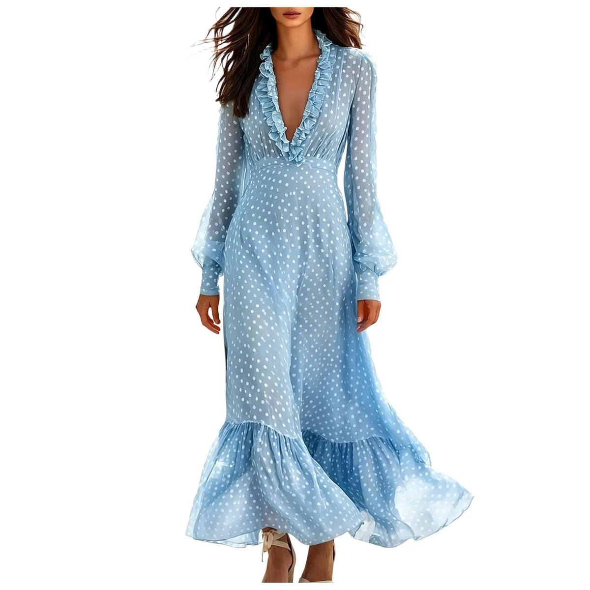 Polka-Dot Ruffle Maxi Dress with Puff Sleeves