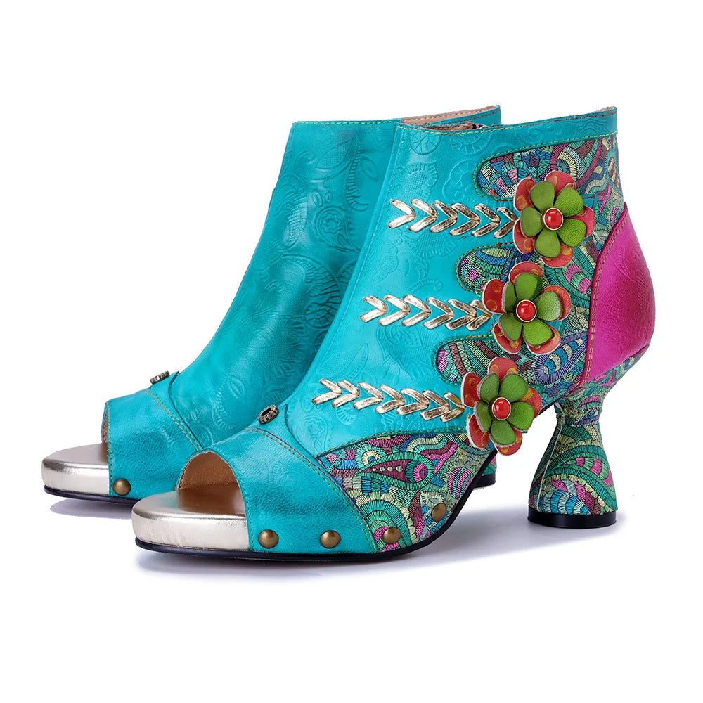 Johnature Handmade Embroidered Flower High-heeled Sandals