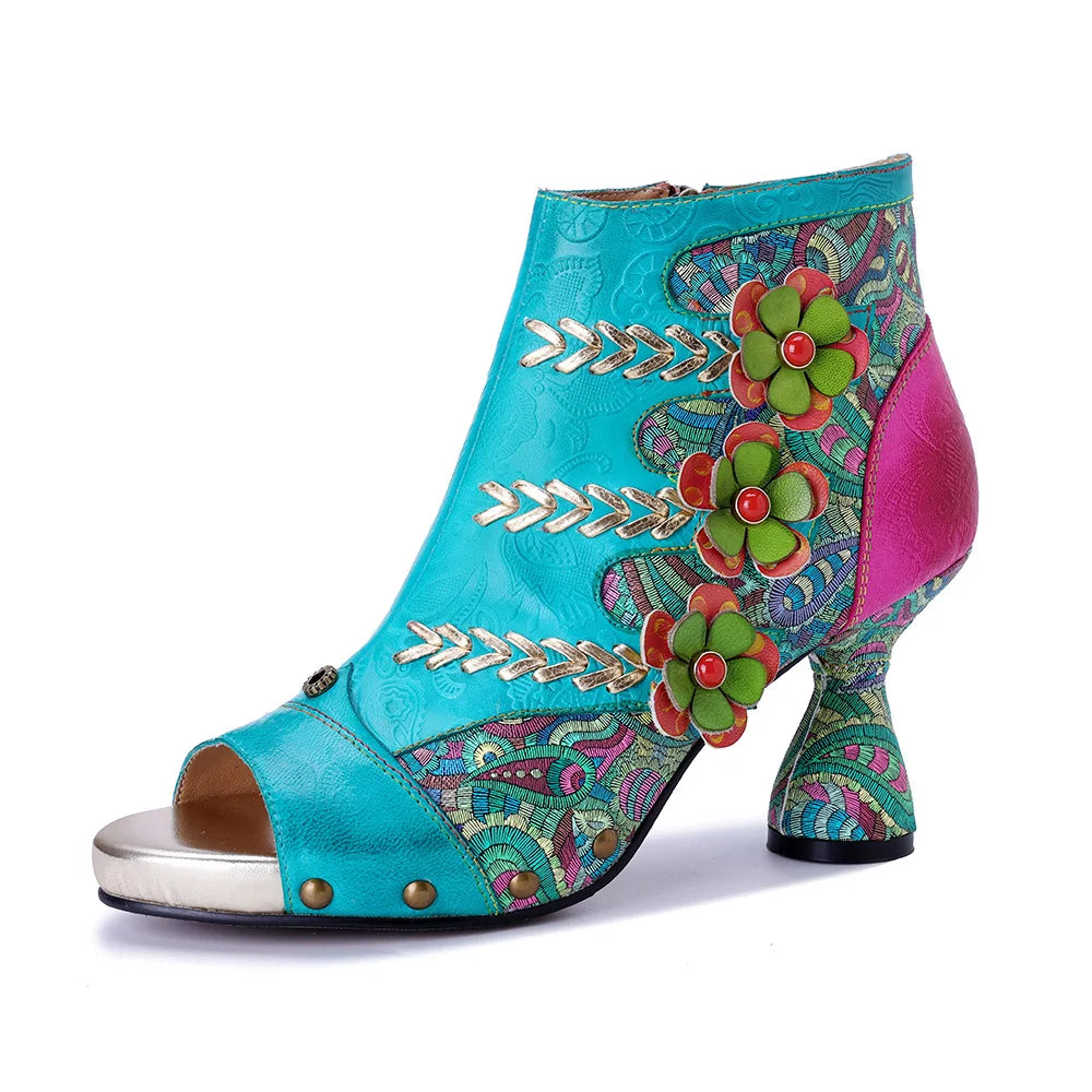 Johnature Handmade Embroidered Flower High-heeled Sandals