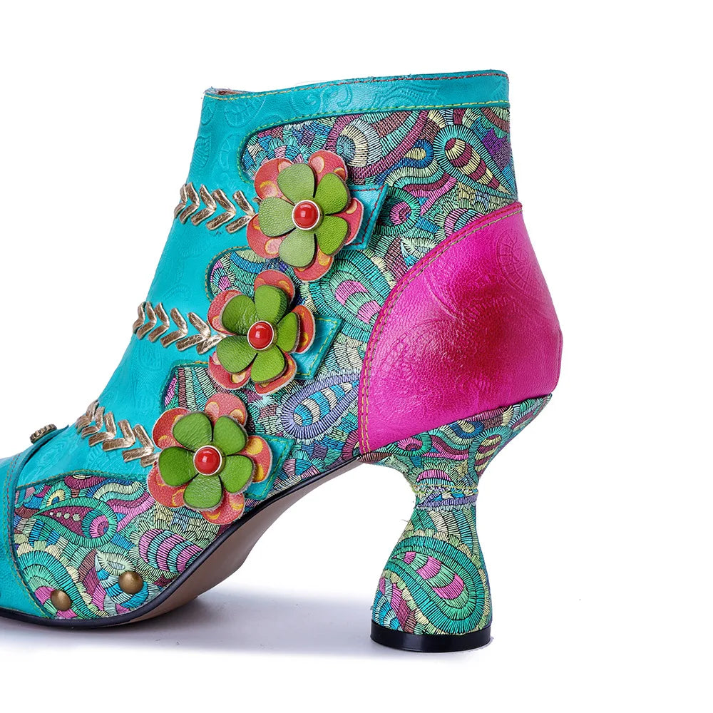 Johnature Handmade Embroidered Flower High-heeled Sandals
