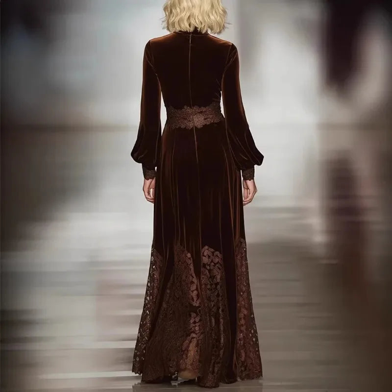 High-Neck Lace Maxi Dress with Long Sleeves
