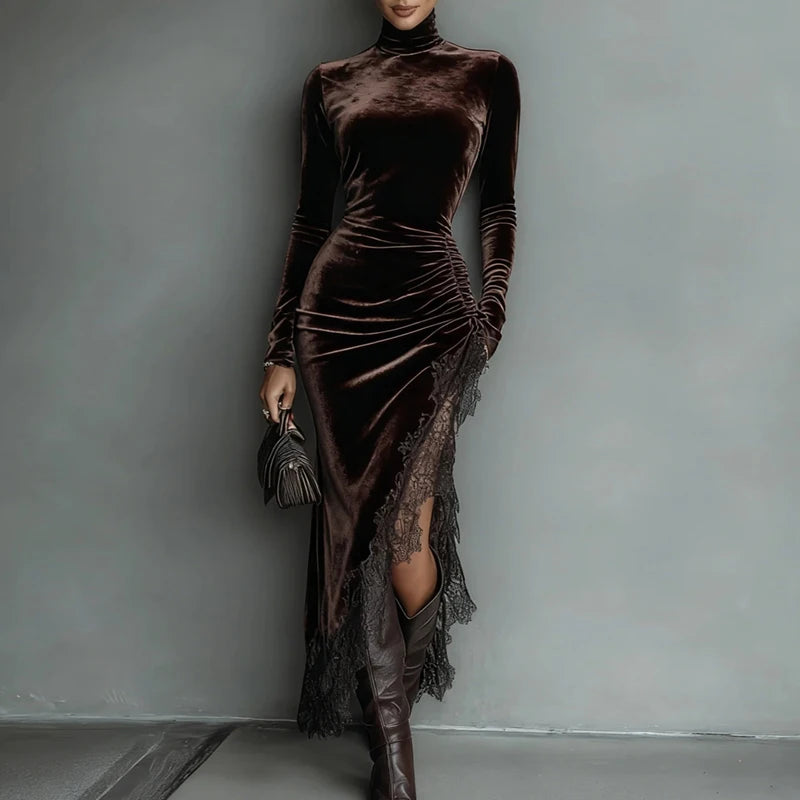 Velvet Long-Sleeve Maxi Dress with Lace Slit