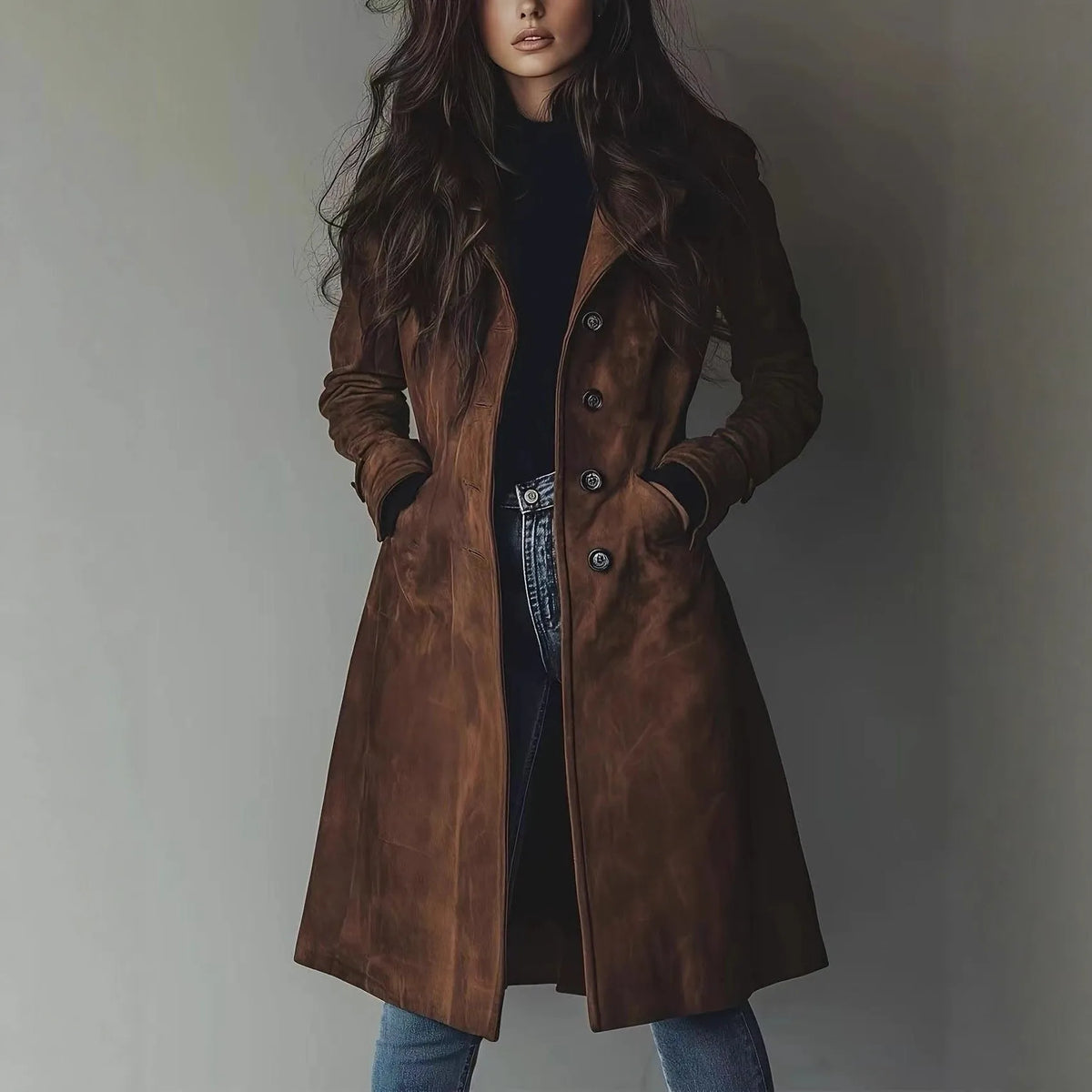 Brown Faux-Suede Longline Trench Coat