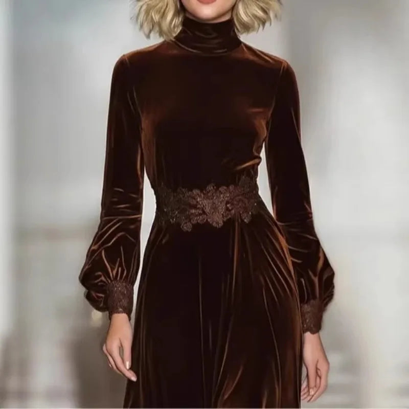 High-Neck Lace Maxi Dress with Long Sleeves