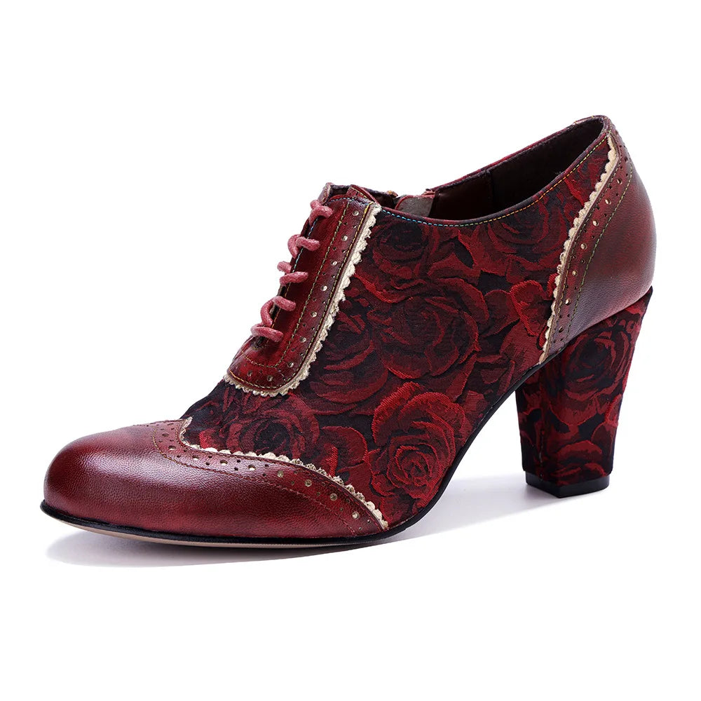 Johnature Witchy Women's Red Pumps, Handmade Genuine Leather Patchwork High Heels
