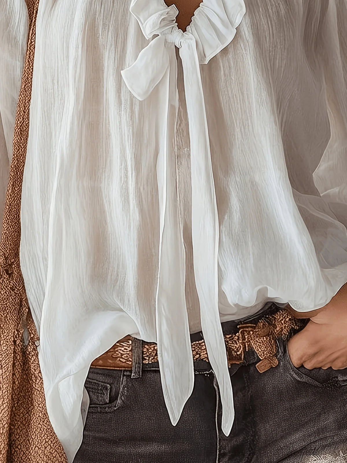White Ruffle Tie-Front Blouse with Puff Sleeves