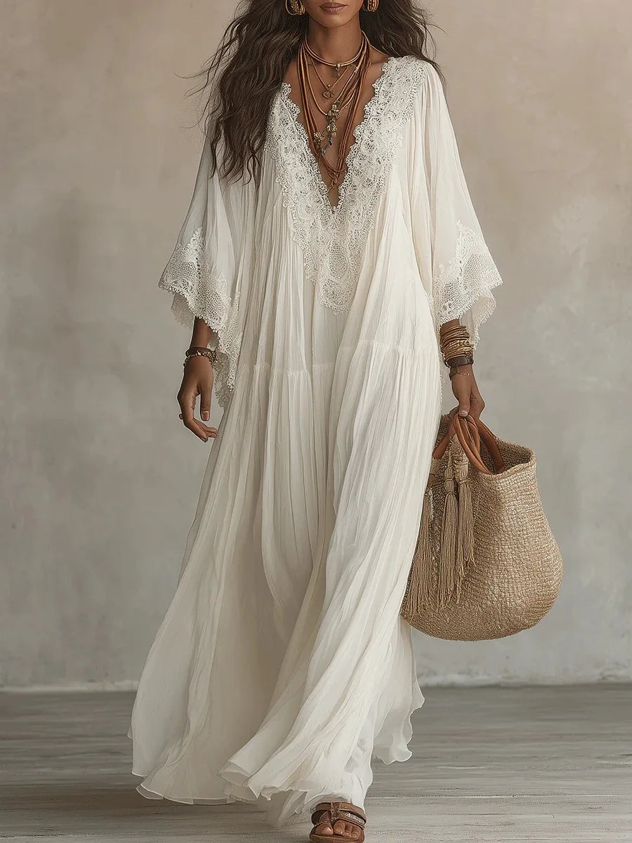 White Lace V-neck Long Dress, Bat Sleeve Vacation Beach Dress, Fairy Pleated and Elegant Seaside Lazy Dress Vestidos Y2K
