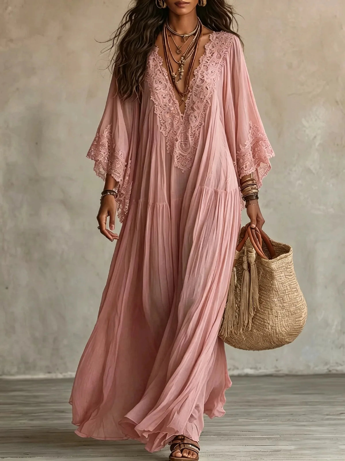 White Lace V-neck Long Dress, Bat Sleeve Vacation Beach Dress, Fairy Pleated and Elegant Seaside Lazy Dress Vestidos Y2K