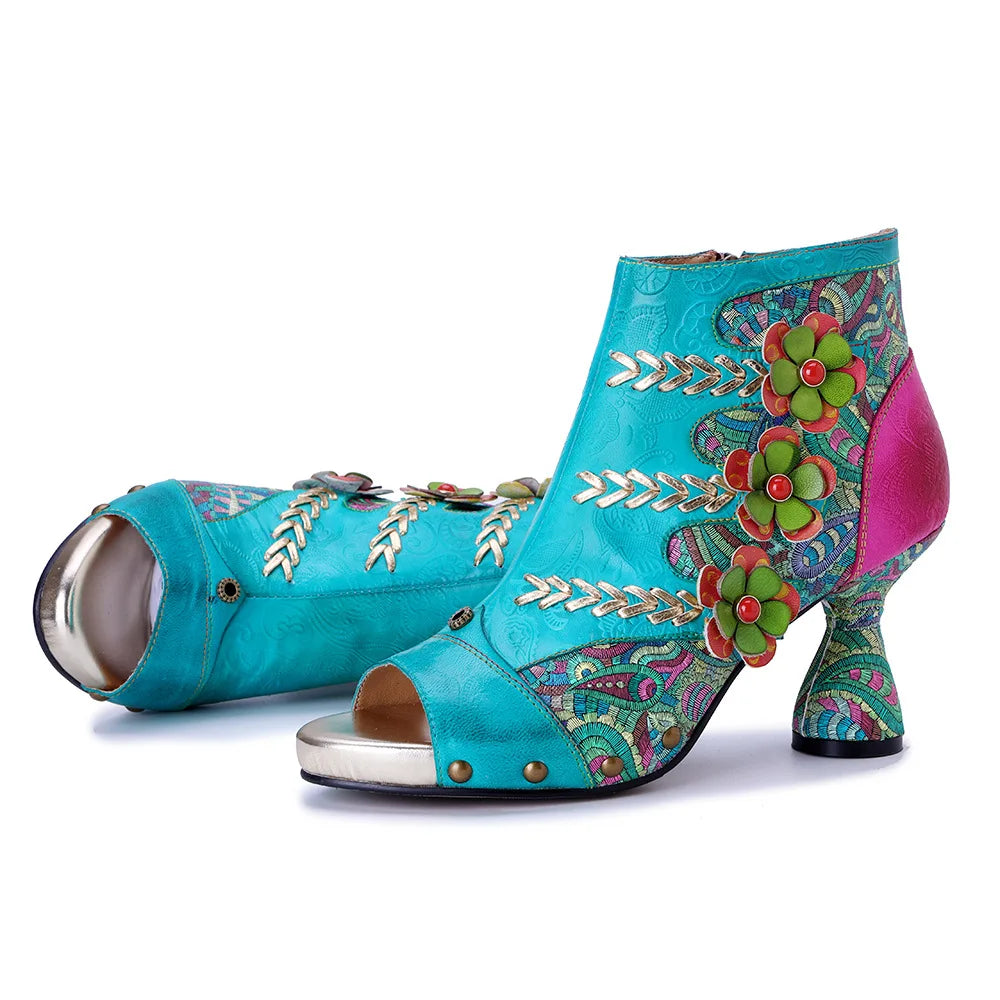Johnature Handmade Embroidered Flower High-heeled Sandals