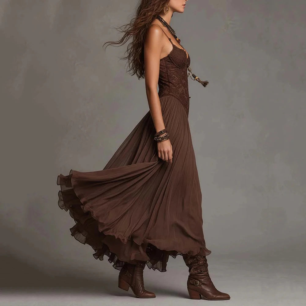 Women‘s Spaghetti Strap Lace Midi Boho Dress