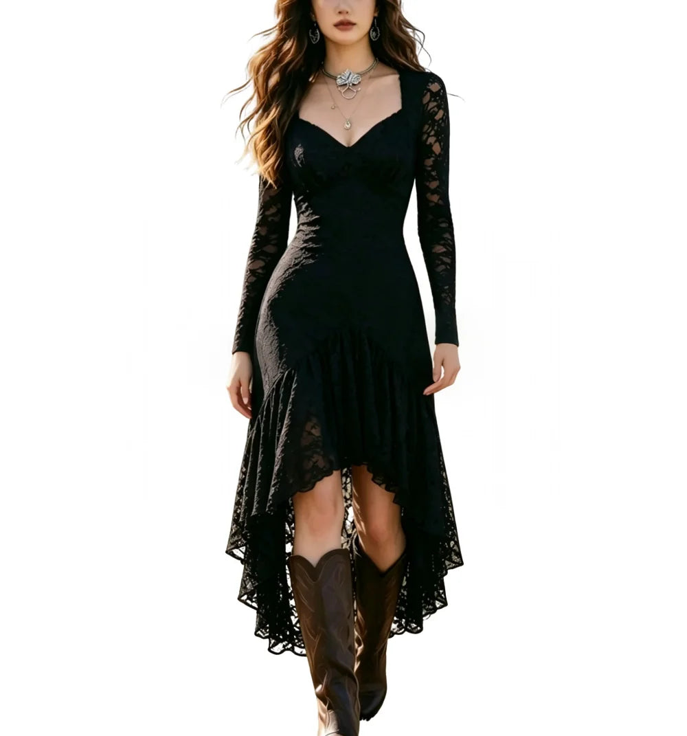 Lace-Patchwork Square-Neck Maxi Dress