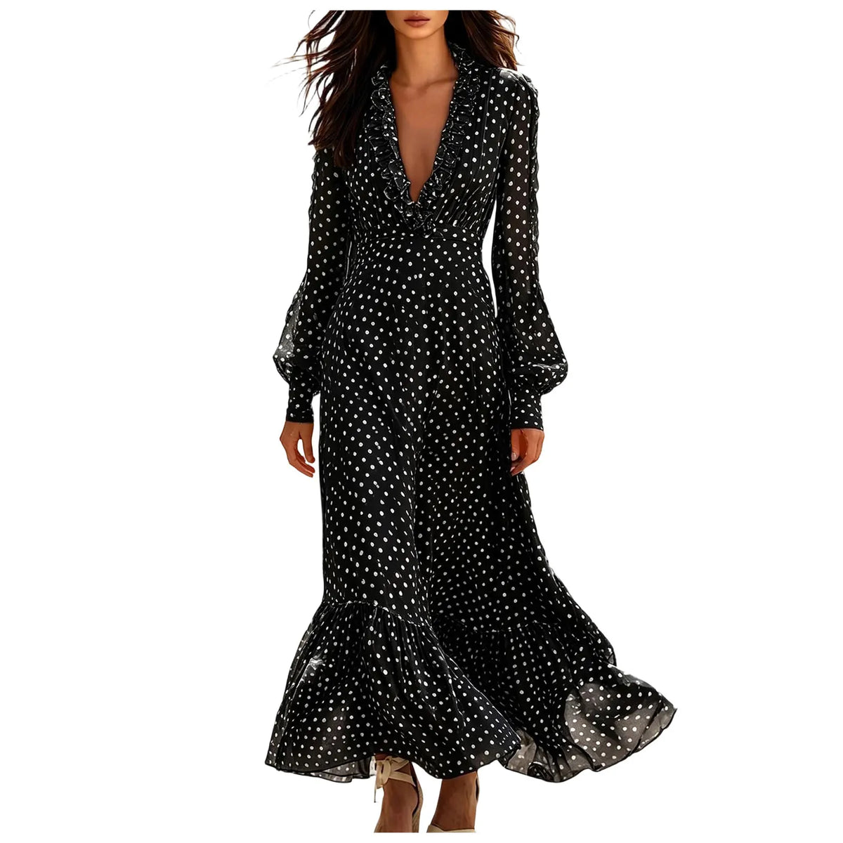 Polka-Dot Ruffle Maxi Dress with Puff Sleeves