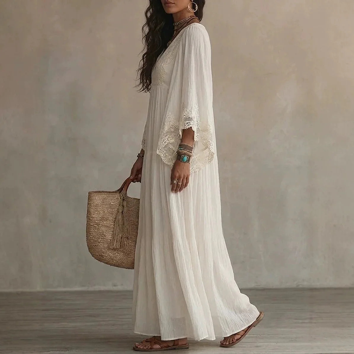 White Lace V-neck Long Dress, Bat Sleeve Vacation Beach Dress, Fairy Pleated and Elegant Seaside Lazy Dress Vestidos Y2K