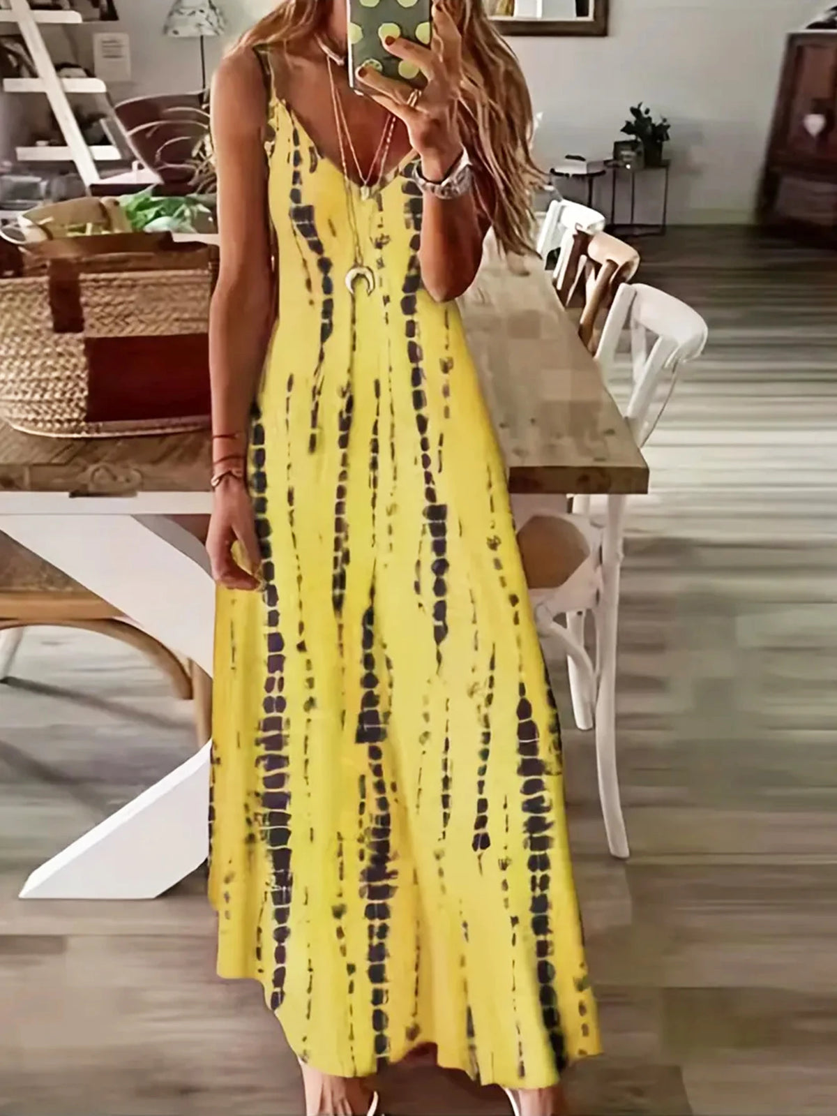 Boho Tie-Dye Maxi Dress – V-Neck Spaghetti Strap A-Line Summer Dress – 6 Colors