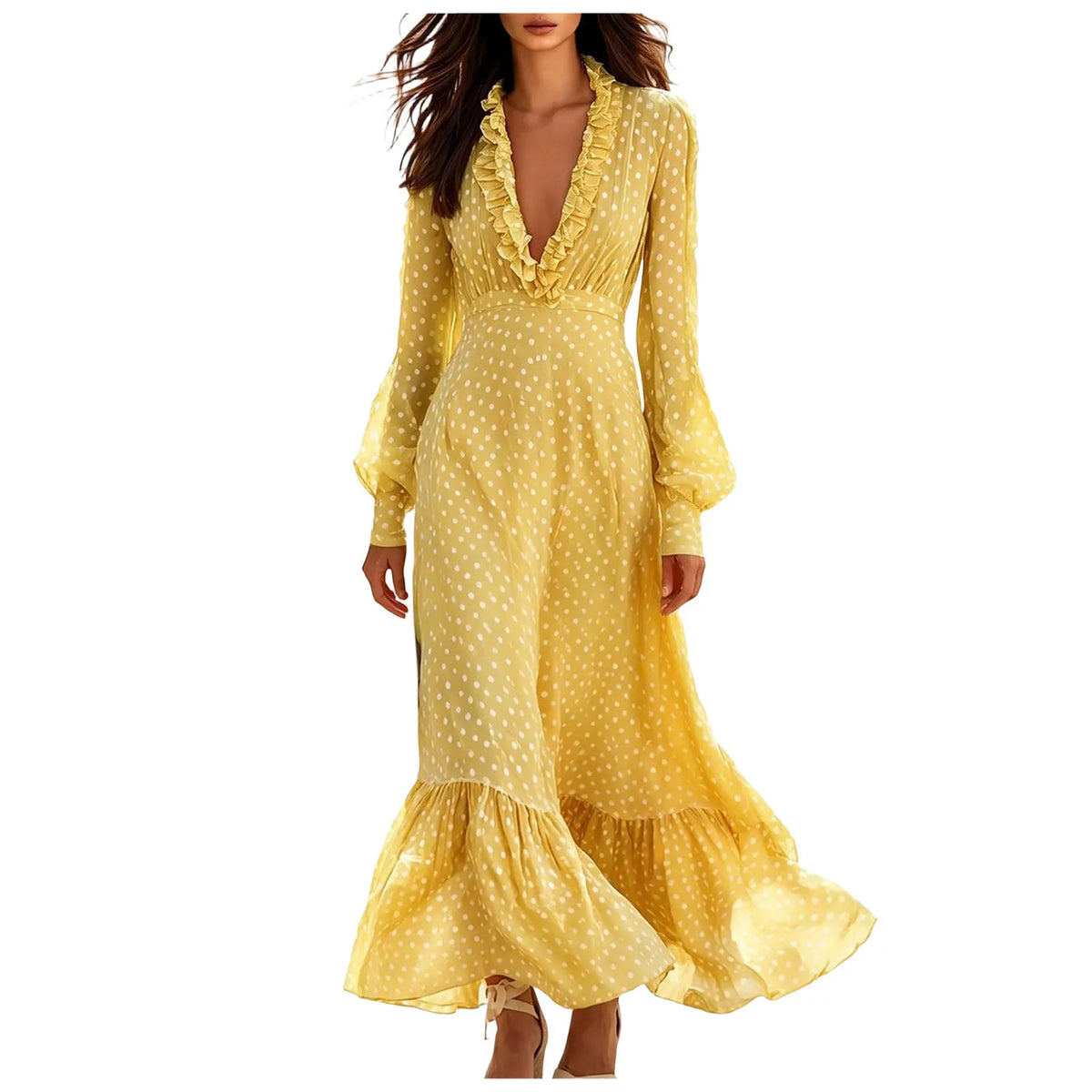 Polka-Dot Ruffle Maxi Dress with Puff Sleeves
