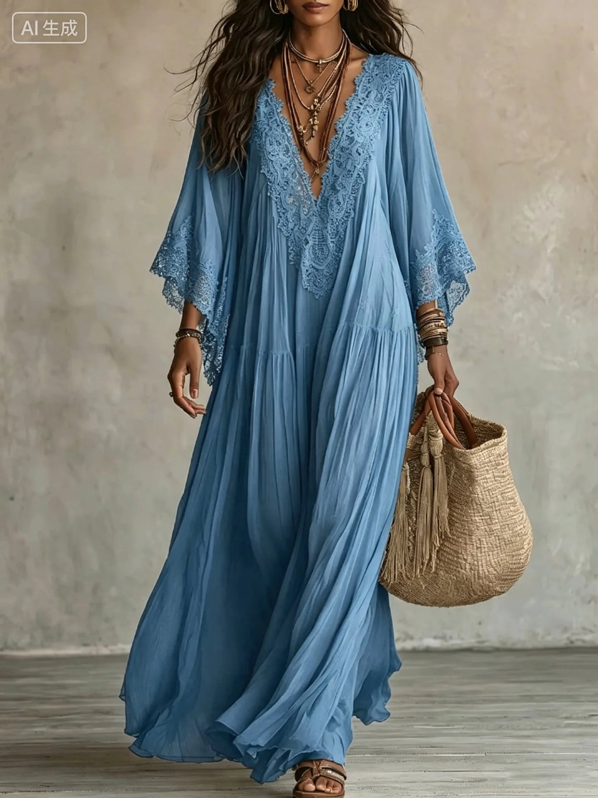 White Lace V-neck Long Dress, Bat Sleeve Vacation Beach Dress, Fairy Pleated and Elegant Seaside Lazy Dress Vestidos Y2K
