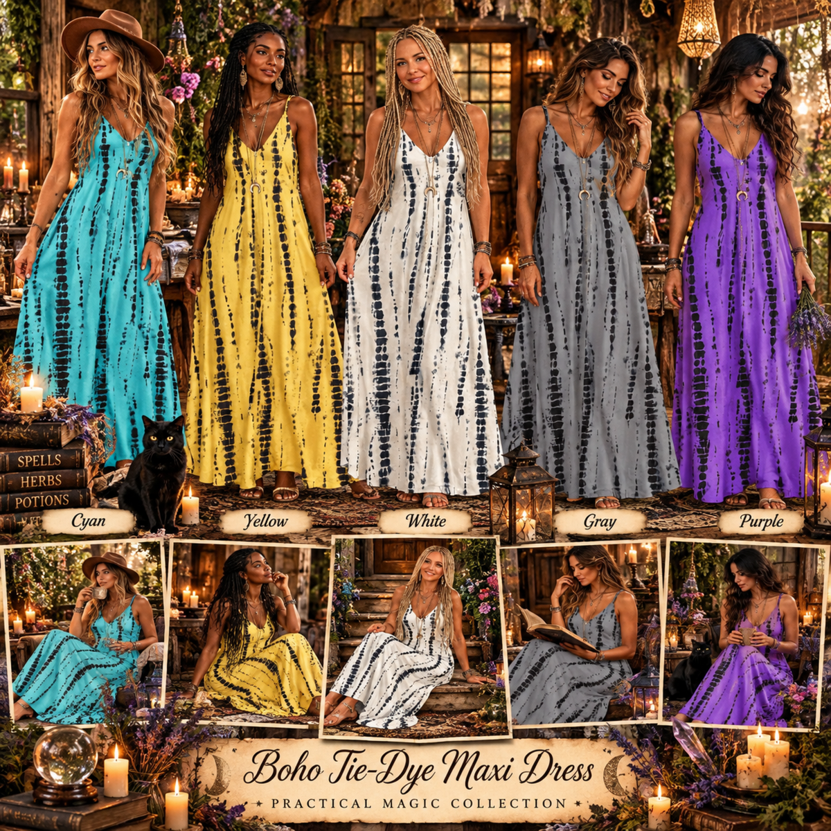 Boho Tie-Dye Maxi Dress – V-Neck Spaghetti Strap A-Line Summer Dress – 6 Colors
