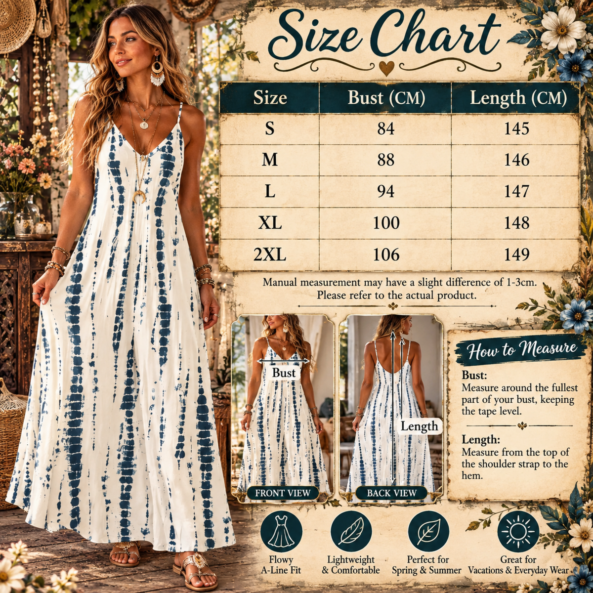 Boho Tie-Dye Maxi Dress – V-Neck Spaghetti Strap A-Line Summer Dress – 6 Colors
