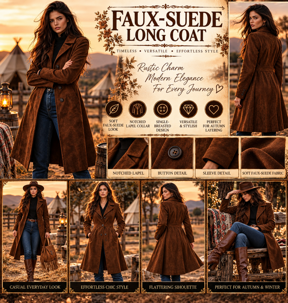 Brown Faux-Suede Longline Trench Coat