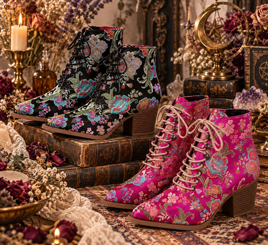 Ethnic Embroidered Pointed-Toe Ankle Boots