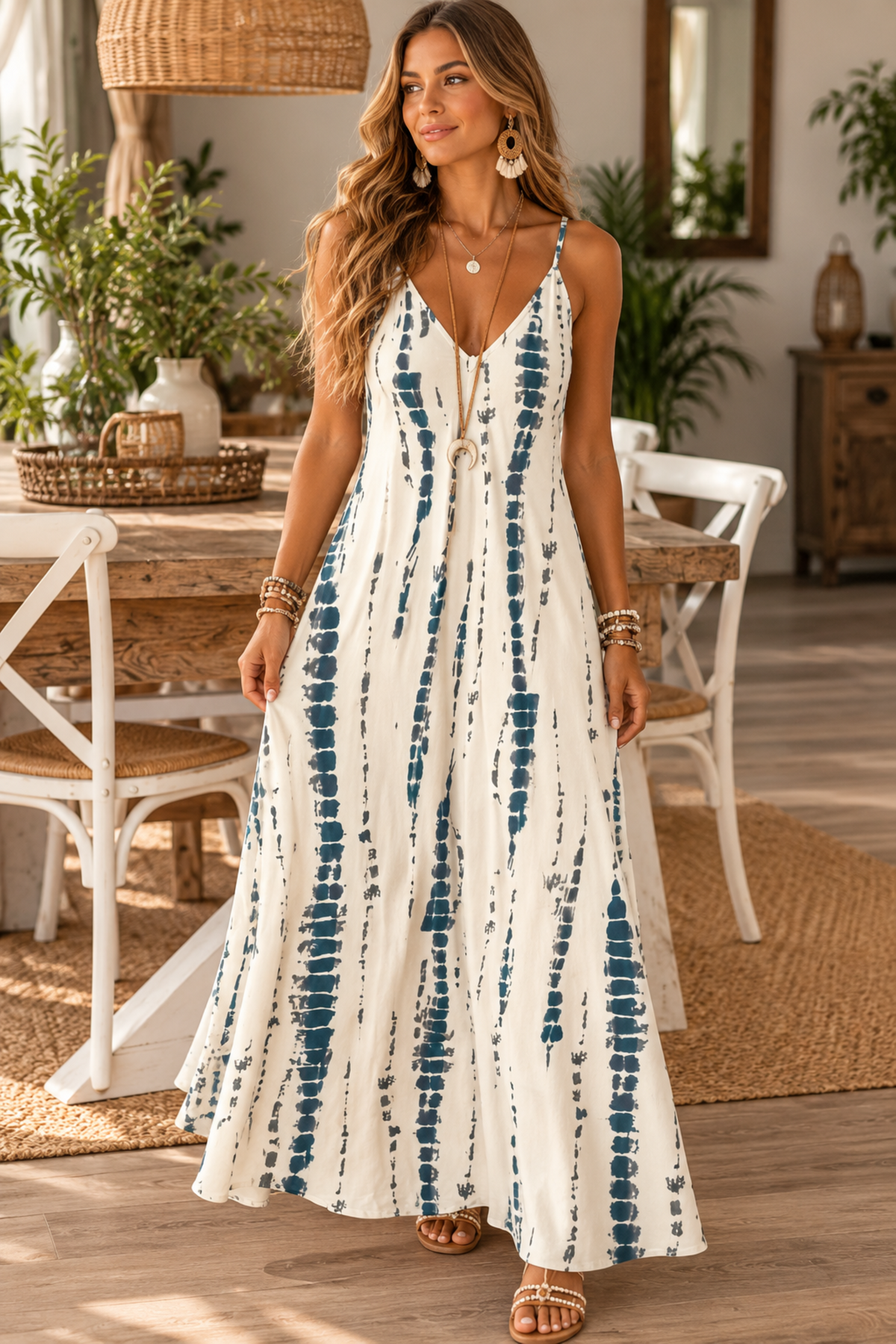 Boho Tie-Dye Maxi Dress – V-Neck Spaghetti Strap A-Line Summer Dress – 6 Colors
